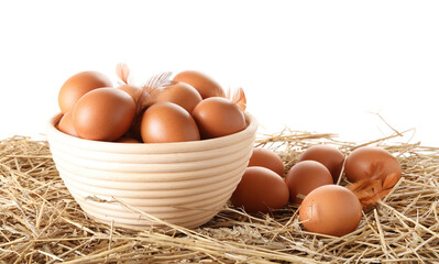 Raw chicken eggs, feathers and bowl on straw against white background