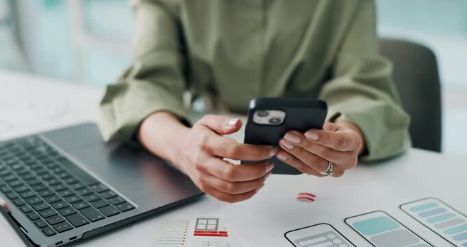 App, design and woman in office with phone, ux testing and display for digital project. Typing, creative or software developer in workplace with mobile, research or ui implementation for tech pitch.