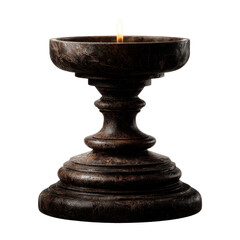 Dark and atmospheric image featuring an antique wooden candle holder with a lit candle, with a clean white background