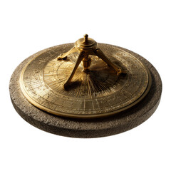 Detailed close-up of a golden celestial globe atop a textured stone base against a black background, isolated on white background