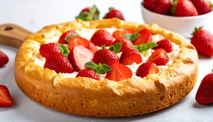 A delicious, freshly baked strawberry tart topped with cream and mint leaves. Fresh strawberries sit beside the baked treat on a white surface