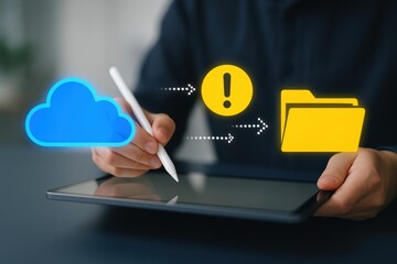 Person Using Tablet for Cloud Storage Management with Colorful Icons Representing Interface Features