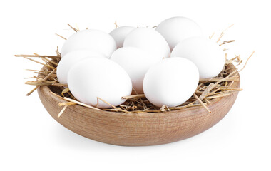 Raw chicken eggs and straw in bowl isolated on white
