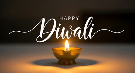 A lit diya sits below the words "Happy Diwali" against a dark background, celebrating the festival of lights.