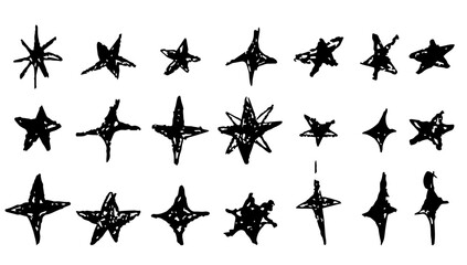 Black crayon hand drawn stars set. Childish doodled sparks and sparkles collection. Grunge rough...