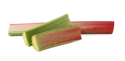 Pieces of rhubarb stalks isolated on white