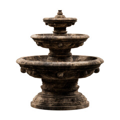 Elegant three-tiered stone fountain isolated against a black background, isolated on white background