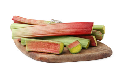 Pieces of rhubarb stalks isolated on white
