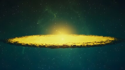 An abstract outer space with golden galaxy and starfield in dark blue background