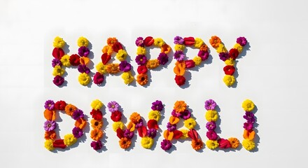Colorful floral arrangement spelling out "HAPPY DIWALI" against a white background.
