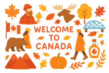 Flat Design Welcome to Autumn Canada Icon Set