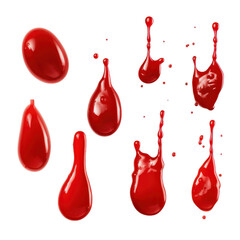 Set of red drops and splashes of ketchup or sauce isolated on transparent background.
