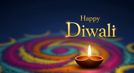 A festive Diwali greeting card featuring a lit diya and colorful rangoli design.