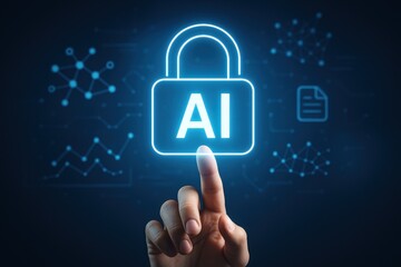 Digital Finger Touching Lock Symbol Representing Artificial Intelligence Security Concept on Dark Background