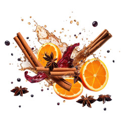 splashes of mulled wine and falling cinnamon dried orange isolated on transparent background.