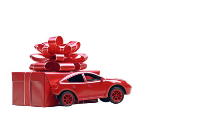 Still life concept with red modern car with gift box isolated on transparent background.
