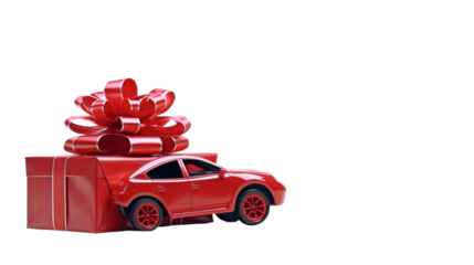 Still life concept with red modern car with gift box isolated on transparent background.