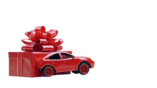 Still life concept with red modern car with gift box isolated on transparent background. - Powered by Adobe