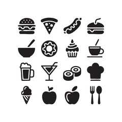 Set of food and drink icons simple black glyphs for restaurant menu and app design isolated on white background