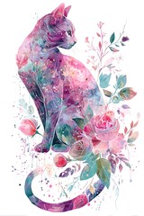 Whimsical Watercolor Art of Cats and Flowers in Vibrant Colors: A Creative Illustration of Feline Grace and Floral Elegance with Magical Realism