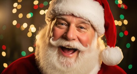 Jolly Santa Claus with a Bright Smile Against Colorful Lights Background