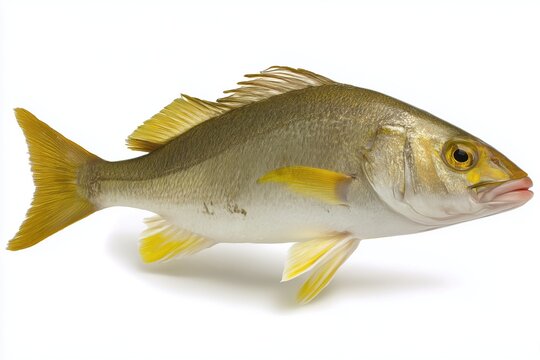 Yellow croaker fish against a white backdrop.