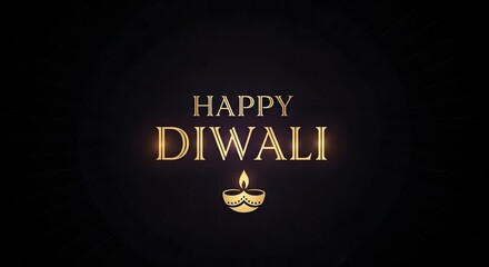 Elegant golden text on a black background, celebrating the Diwali festival with a diya.