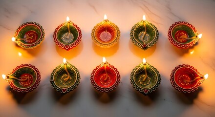 Overhead view of ten lit, colorful, traditional oil lamps arranged on a surface.