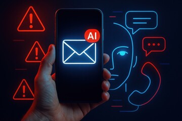 Hand Holding Smartphone with AI Message Notification and Alert Icons in Dark Digital Background