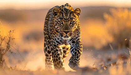 A majestic leopard walks towards the viewer in a dry, dusty environment, bathed in warm golden light during the day