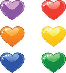 Six colorful hearts with white starbursts love romance