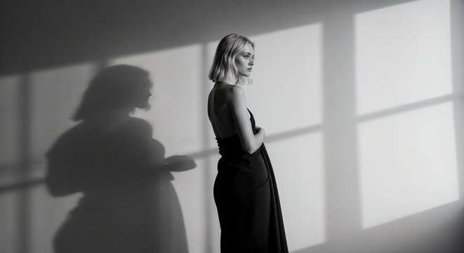Young woman in elegant black dress standing by window with shadows  
