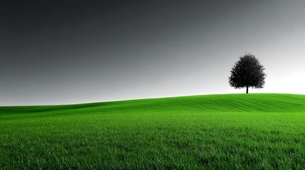 Serene landscape with vivid green grass and a lone tree under dramatic sky