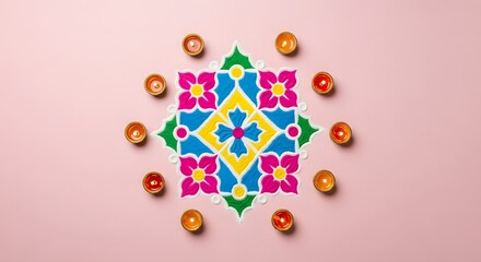 A vibrant, colorful Rangoli design with lit candles arranged on a soft pink surface.