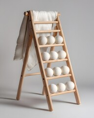 Scandinavian Style Minimalistic Decor: Rustic Wooden Ladder with Soft Blanket and White Spheres for Creative Storage Solutions and Tranquil Home Aesthetics