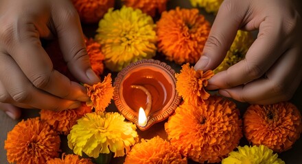 Hands arranging marigold flowers around a lit diya lamp, creating a festive decoration.