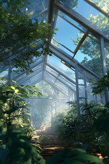 Modern glass greenhouse filled with lush plants and mountain landscape