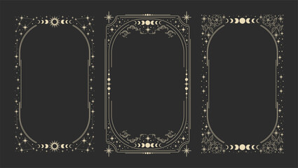 Magical esoteric frame, mystical linear decoration with dots, moon, stars corners isolated on black background. Vector illustration. 