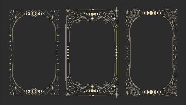 Magical esoteric frame, mystical linear decoration with dots, moon, stars corners isolated on black background. Vector illustration. 