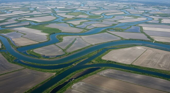 Aerial view of rice fields and waterways in the po valley, italy on a sunny day