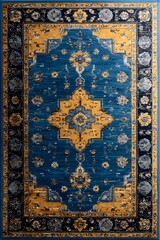 Luxurious Textile Art: Ornate Rug with Intricate Floral Design and Golden Accents in Azure Tapestry for Exquisite Home Decor