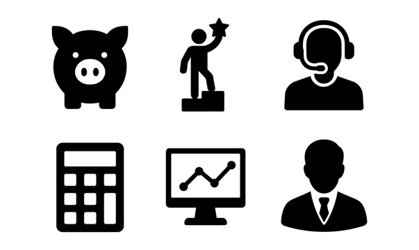 Essential business icons: piggy bank, trophy, headset, calculator, graph, and professional silhouette for design projects