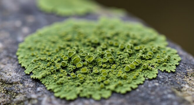 Closeup of a vibrant green lichen growing on a rock, showcasing its intricate texture