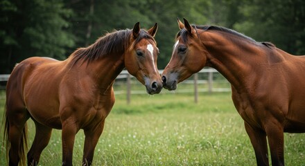 Obraz premium Two brown horses touch noses in a green field on a summer day in the meadow