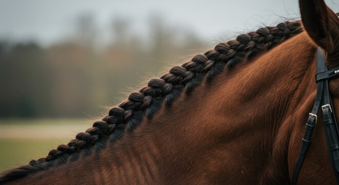 Close up of a braided mane of a chestnut horse in a rural environment