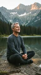Fototapeta premium Man meditating on a rock by a lake with mountains in the background at sunset