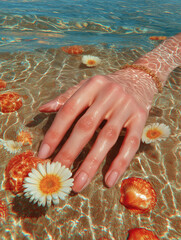 A woman's hand with nude manicure floats in shallow water among seashells and daisies. Serene beauty shot with glowing reflections and soft light.