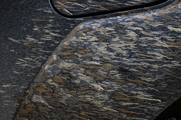 Splattered mud, dirt, and grime create rough, rugged texture vehicle fender. Brown, black, and grey...