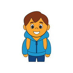 Obraz premium Joyful Young Boy with Backpack—Cheerful School Adventure Cartoon Character Full-Body Portrait Vector Illustration. Ideal for School posters, educational materials, children’s books, classroom deco