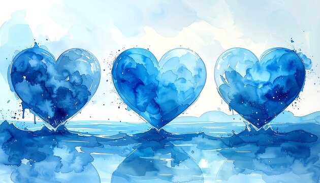 Watercolor rendering of three translucent blue hearts floating above reflective water with a light blue sky backdrop